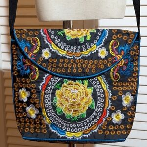 Embroidered Boho Shoulder Bag & Matching Wallet Set Black Floral Vietnam